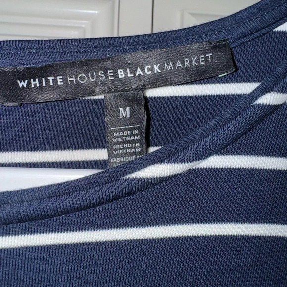 White House Black Market 3/4" bell sleeve knee length navy/white stripe dress M - Picture 6 of 11